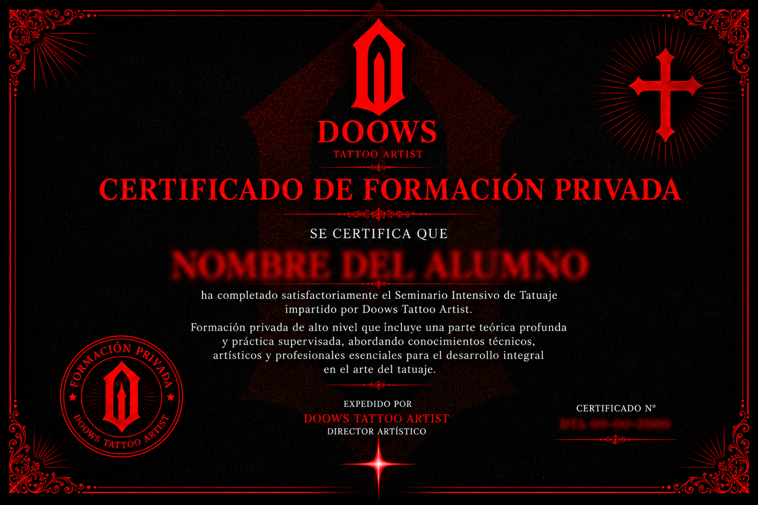 Certificado de seminario privado de tatuaje Doows Tattoo Artist formación profesional Barcelona Madrid